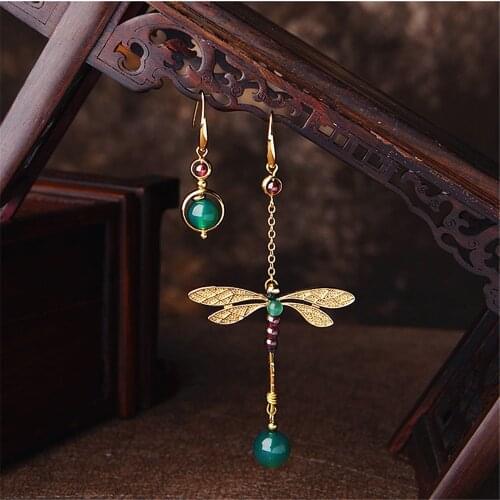 Vintage Handmade 14K Gold Planted Dragonfly Pendant Dangle Earrings Garnet Green Agate Beads Drops Hanging Earrings for Women