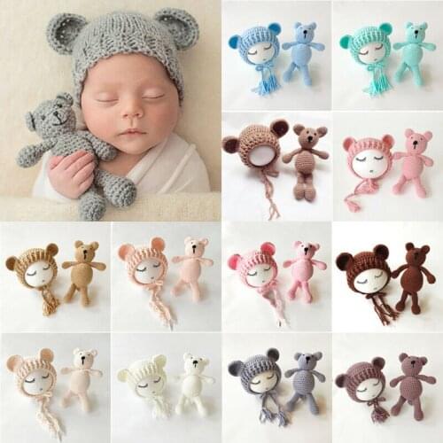 Baby Girls Boys Knit Crochet Bear Hat Cap + Toys 2PCS Newborn Costume Photography Props Accessories
