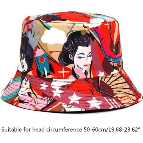 Y1QD Retro Cap Summer Hat with Large Brim & Printed Geisha Pattern UV Isolation Women Girls Double-Side Reversible Casual