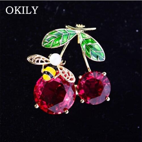 OKILY Fashion Red Zircon Cherry Pin and Brooch for Women Copper Fruit Pin Enamel Bee Pin Coat Sweater Shirt Brooches Accessories