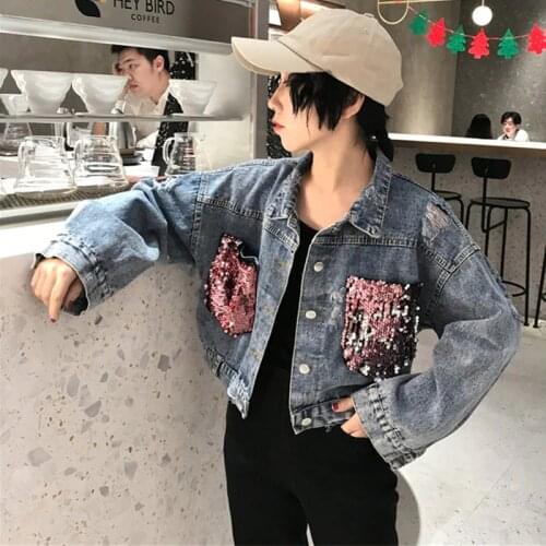 Women Sequined Denim Jacket Coat Autumn Long sleeve boyfriend jeans Jackets ladies jeans Tops Pocket Single Breasted Casual Coat