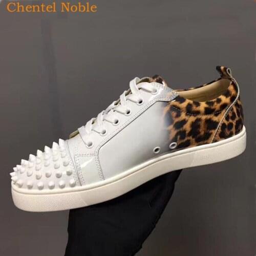 Brand Chentel Patent Leather Leopard Casual Party Men Flats Sole Sneaker Spikes Lace-Up Mixed Color Low Top Vulcanized Shoes
