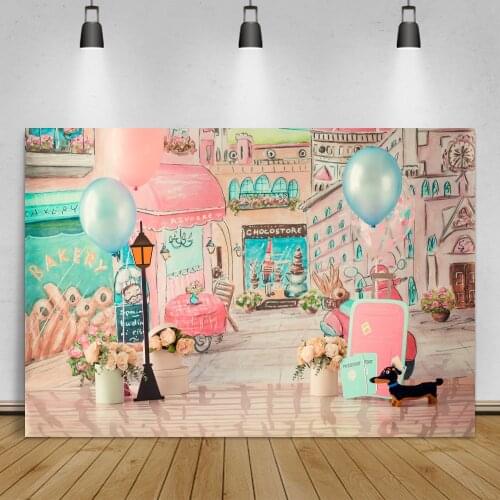 Laeacco Pink Balloons Watercolor City Shop Street Birthday Party Baby Portrait Photo Background Photography Backdrop Photostudio