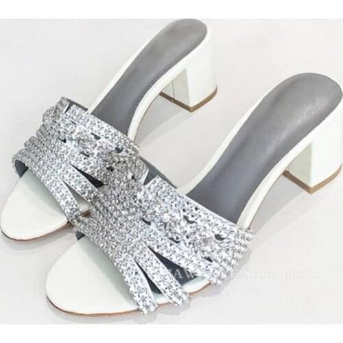 Summer Thick heel Rhinestone Slippers Women Ethnic Mid-heels Shiny Party Shoes High-quality Luxury brand Crystal Shoes mujer