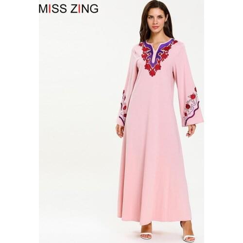 Miss Zing Women Muslim Abaya Embroidery Full Dress Maxi Skirt Kimono Loose Robe Gowns Clothing Middle East Islamic Prayer New