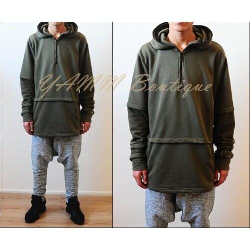 Oversized MensDark Black Front Half Zipper and Side Slits Hoodie Kanye Crew Neck Hoody Sweatshirt