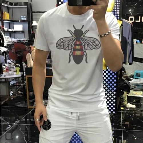 Mens Summer New Hip-Hop Style Hot Drilling Chic Bee Pattern High-End O-Collar Original Minimalist Brand T-Shirt