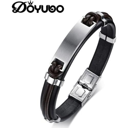 DOYUBO Punk Design Mens Black Genuine Leather Bangle Male Square Tag Charms Bracelet Jewelry Hip Hop Leather Accessories DD089