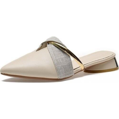 New Elegant Low Heel Women Mules Summer Sexy Pointed-Toe Ladies Slippers Slip on Leisure Ladies Office Shoes Beige Pumps Female