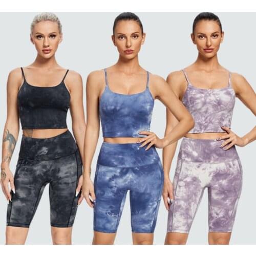 New Women Tie Dye Style Seamless Yoga Set Fitness Suits GYM Cloth Push Up Sport Bra+High Waist Shorts Workout Knee Length Pant