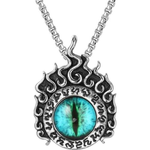 Blue Cats Eye Stone Angels Eye Inlaid Pendant Necklace Mens Necklace Stainless Steel Flame Pendant Accessorie Party Jewelry