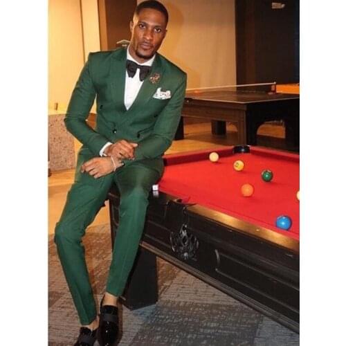 Dark Green Double Breasted Men Suits Peak Lapel Groom Tuxedos 2 pcs Male Fashion Wedding Jacket with Pants African Costume