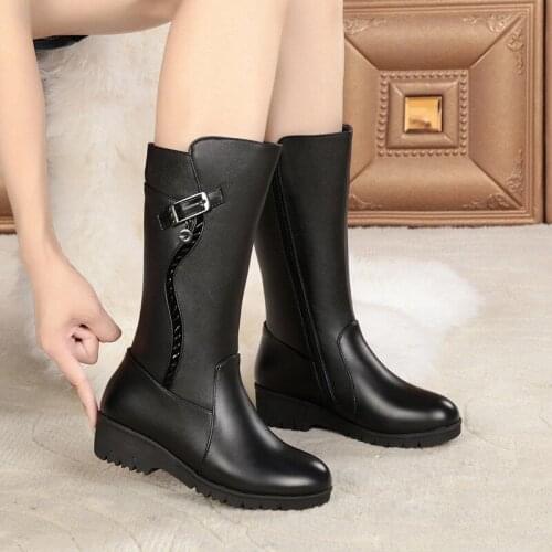 Warm High-heeled Wool Boots Women Trend Snow Boot Shoes Women Womens Winter Boots 2019 New Genuine Leather Female Boots Size 43