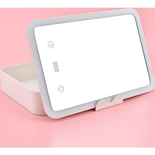Mirror Storage Makeup Mirror LED Dimming Fill Light Mirror Display Temperature Countdown with Organizer Cosmetic Case