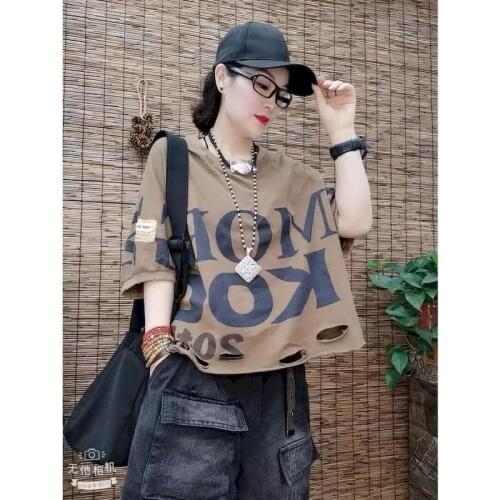Womens T Shirt Literature and Art Retro T Shirt 2021 Summer New Loose Large Letters Hole Round Neck Short-sleeved T-shirt Women