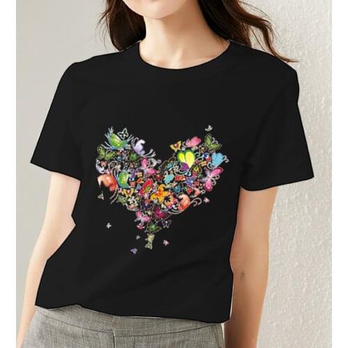 Vogue Womens T-Shirt Love Heart Pattern Series Lady Tees Shirt Black Classic O-Neck Short Sleeve Dropshipping Female Clothes