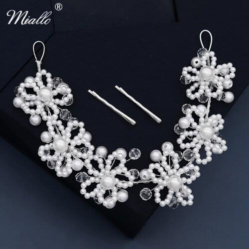 Miallo Bridal Wedding Hair Accessories Handmade Flower Pearl Headband for Women Silver Color Hair Jewelry Party Headpiece Gift