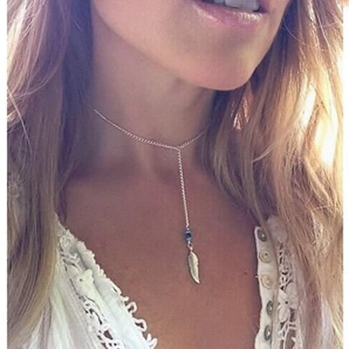 Womens Vintage Hand-Beaded Blue Bead Metal Feather Tassel Pendant Necklace Bar Necklace Jewelry Wholesale 2017 New