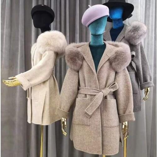 European Style Winter Long Cashmere Coat With Real Fox Fur Trim Hood Warm Thicken Large Pockets Coat Women Wool Outwear