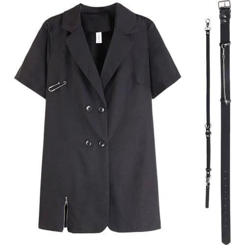 VSUE Black Notch Collar Button Short Sleeve Mini Dress Elegant Solid Summer Women Female D1878