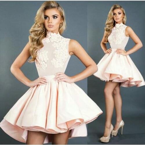 2021 Elegant Homecoming Dresses A-line High Collar Short Mini Appliques Lace Graduations Cocktail Dresses 026