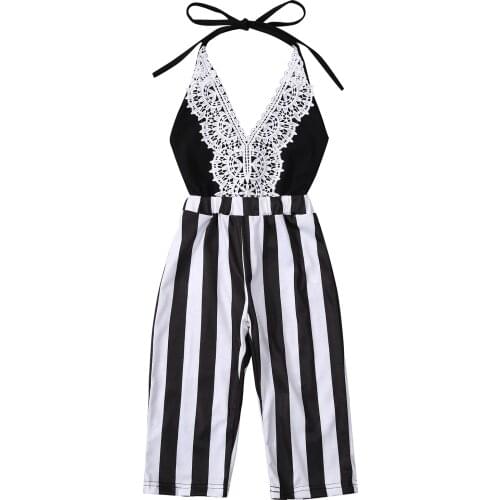 2021 New Children Girls Sleeveless Hollow Out Sling Romper Jumpsuit Summer Deep V-neck Striped Bodysuits 1-6 Years
