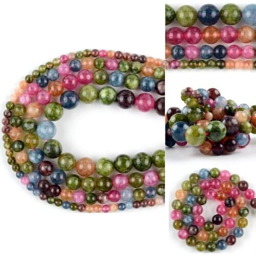 Natural Tourmaline Multicolor Jades Stone Round Loose Beads For Jewelry Making Diy Bracelet Necklace Accessories 4 6 8 10mm 15