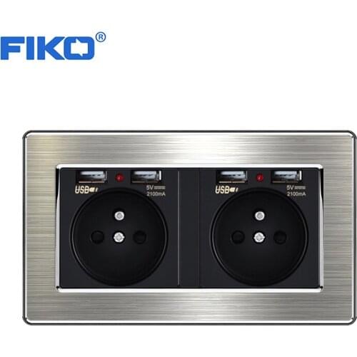 FIKO 16A French socket two gang stainless steel panel standard with dual USB Household wall power standard 146mm*86mm
