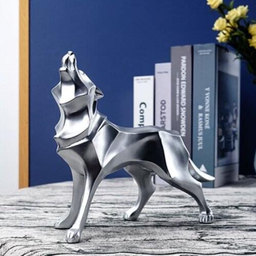 H55A Creative Nordic Abstract Resin Wolf Statues Carved Metallic Geometric Animal Sculpture Figurines Modern Home Decoration