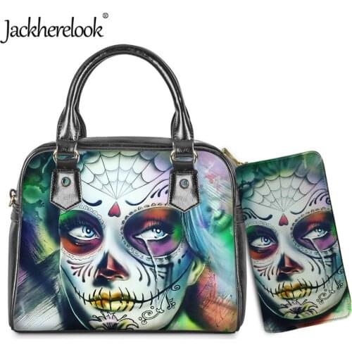 Jackherelook Cool Skull Girl Pattern Womens Handbag Clutch Wallet 2pcs/Set Female Luxury Croossbody Bag PU Leather Messenger Bag