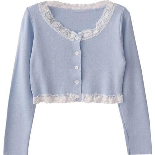 Korean Fashion Cardigan Women White Kawaii Knitted Sweater 2021 Gothic Cute Lace Vintage Long Sleeve Button Down Black Crop Tops