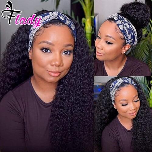 Kinky Curly Headband Wig Human Hair Wigs For Black Women Brazilian Scarf Wig No Gel Glueless Remy Curly Human Hair Wigs Flady