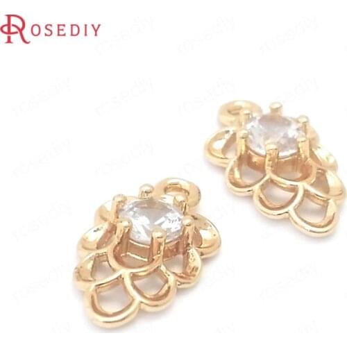 38892)10PCS 14x8MM 24K Champagne Gold Color Brass and Zircon Flower Charms Pendants Jewelry Making Diy Findings Accessories