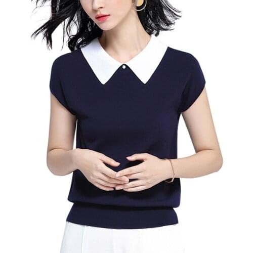 Knitted Sweater for Women Womens Contrast Color Korean Style Peter Pan Collar and ONeck Short Sleeve Thin Fashion Pullover Top