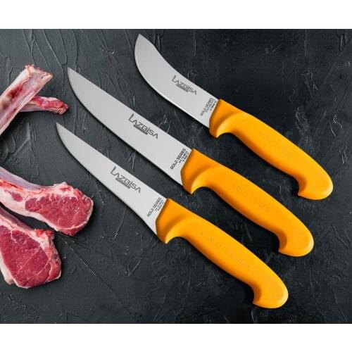 Lazbisa Knife Set Bread Fruit Vegetable Meat Butcher Knife Gold Series Set of 3 (Y-S-2) Набор кухонных ножей