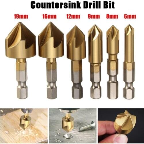 6Pcs/Set High Speed Steel 5 Flute Countersink Drill Bit Set 90 Degree 1/4" Counter Sink Chamfer Cutter DIY Power Tools