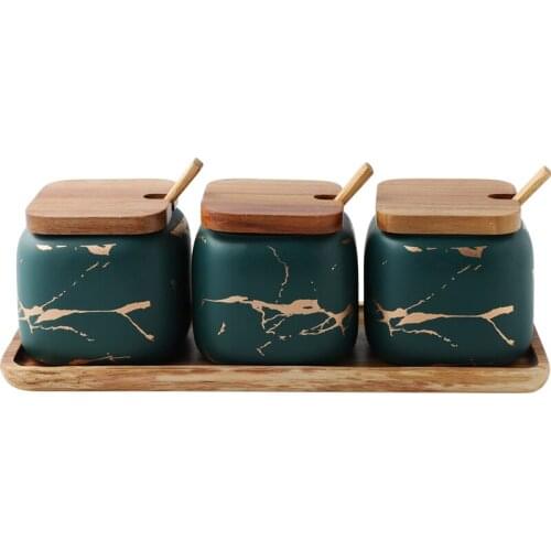 Nordic Matte Marbled Ceramic Seasoning Can Creative Kitchen Tank Set Wooden Cover/Tray Salt Shaker Spice Jar Kitchen Accessories