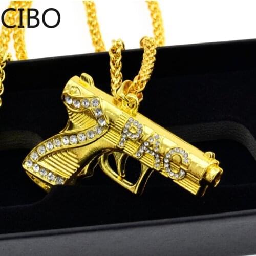 2019 New Hip Hop Iced Rhinestone 2PAC pistol Necklaces Pendants Gold Color Stainless SteelGun Necklace