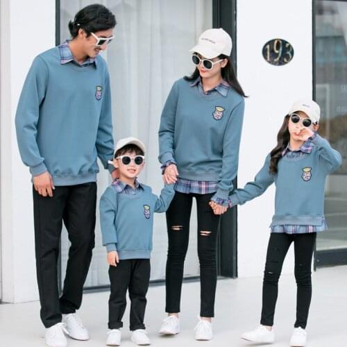 Family Matching Clothes Sweatshirt For Family Mother Daughter Father Son Lapel Lattice Fake Two-Piece T-shirt Autumn And Winter