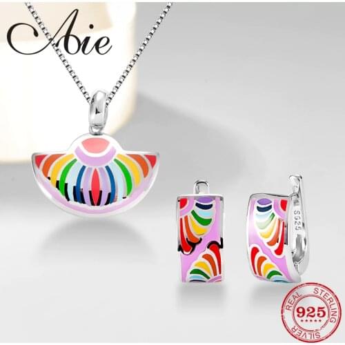 Authentic Jewelry set like colorful rainbow 925 Sterling Silver charm Fashion luxury Necklace pendant Earrings Party Enamel
