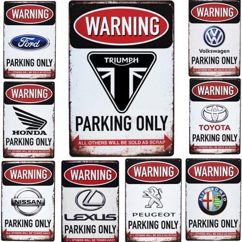 Warning Parking Only Tin Sign Vintage Triumph Car Parking Plate Alfa Romeo Ford Sign for Garage Wall Art Decor Plaque