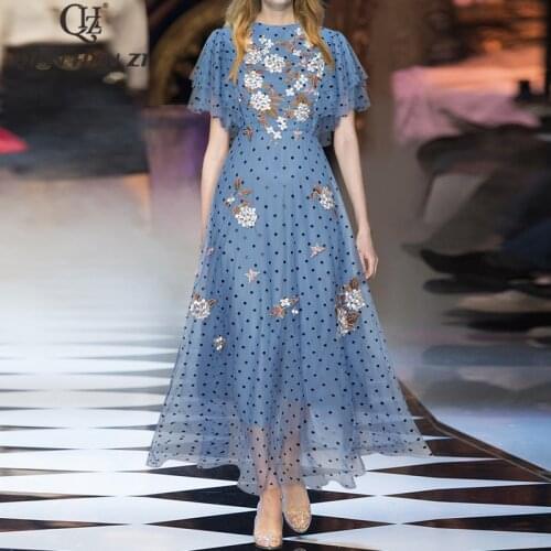 Qian Han Zi fashion designer runway summer Maxi dress Women ruffle sleeves vintage Dot Mesh elegant Flower embroidery Long dress