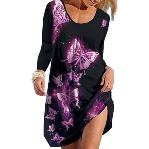 Vintage Casual Party Dress Fashion O-neck Butterfly Printed Lady Beach Dress 2021 Autumn Long Sleeve Loose Female Elegant Dress