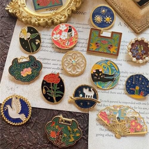 FFLACELL 2020 Vintage Round Golden Van Gogh Irises Metal Broothes Sets for Women Girls Party Gifts