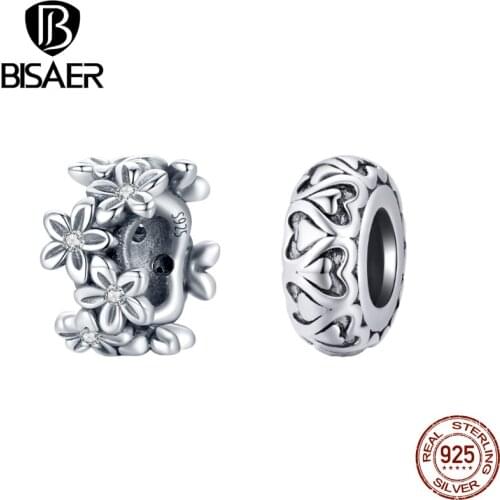 BISAER Vintage Charms 925 Sterling Silver Blssom Flower Lace Heart Spacer Beads Fit Original Bracelets Silver Jewelry ECC1938