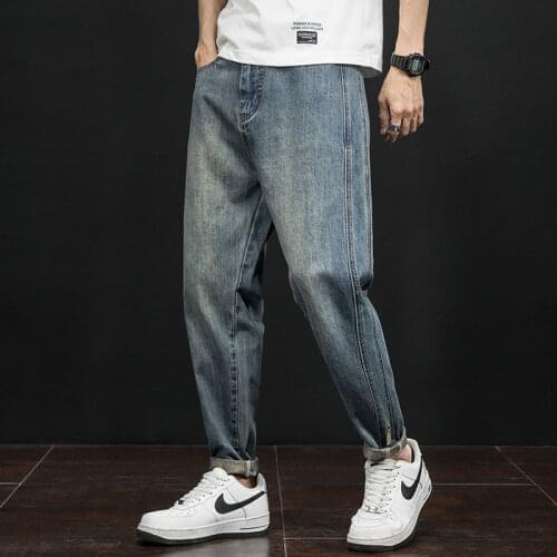 Washed Blue Loose Harem Denim Pants Thin Trend Casual Jeans Fashion Men Loose Stitching Trousers Spring Summer Hiphop Plus Size