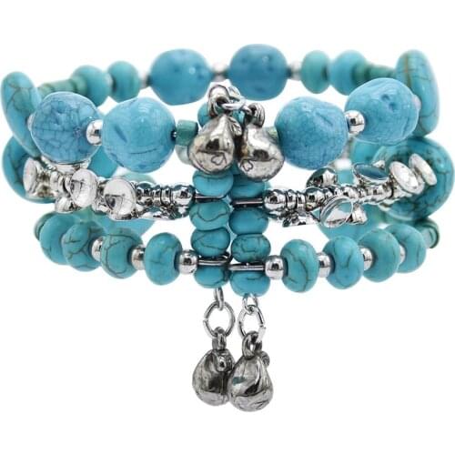 Boho Vintage Turquoises Bracelets for Women Round Beads Bells Tassel Hand Charm Bracelet Wristbands Fashion Ethnic Party Jewelry
