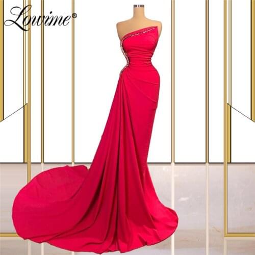 Lowime Arabic Strapless Long Evening Dress Crystals Dubai Women Wedding Party Gowns Elegant Plus Size Prom Dresses Mermaid Wear