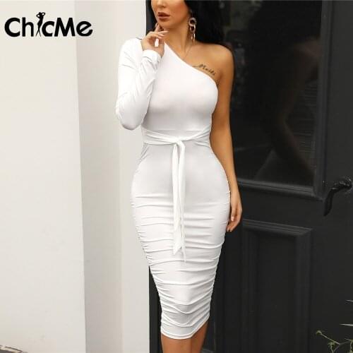 Chicme Fall 2021 Women Midi One Shoulder Ruched Design Bodycon Dress Femme White Belted Long Sleeve Vestidos Sexy Elegant
