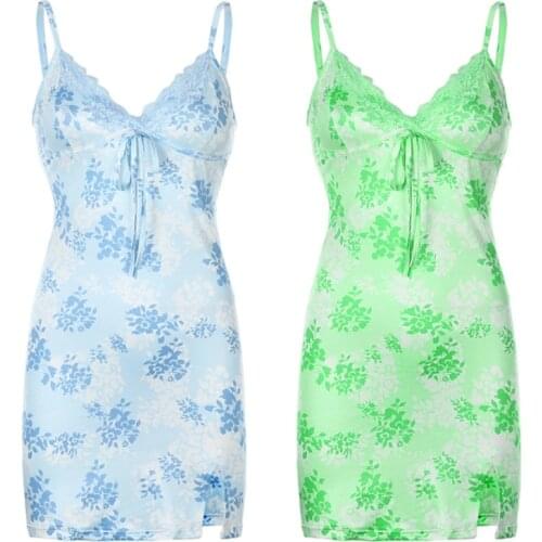 Women Sexy Spaghetti Strap V-Neck Lace Trim Bodycon Mini Dress Floral Print Side Split High Waist Camis Party Streetwear